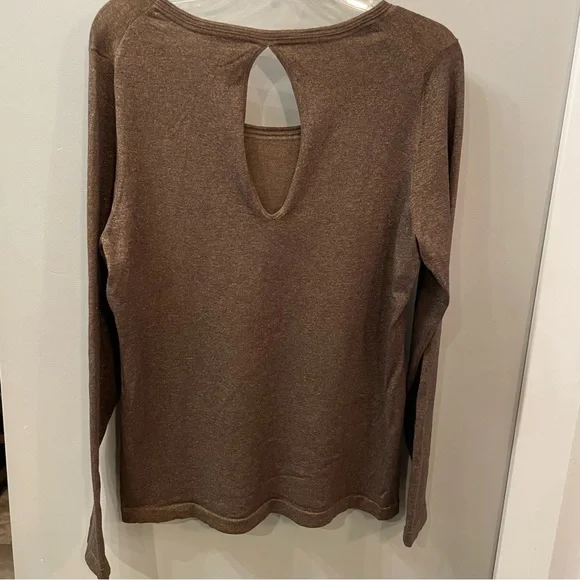Ann Taylor Top Metallic Bronze Long Sleeve Back Cut Out Stretch Knit - Picture 5 of 5